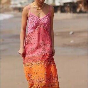 FARM Rio Pink & Orange Sunset Paisley Spaghetti Strap Ruffled Maxi Sundress